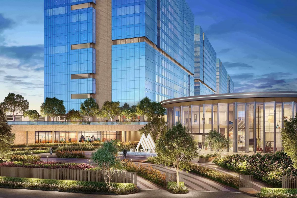 Million Minds Tech City tower against the Ahmedabad skyline